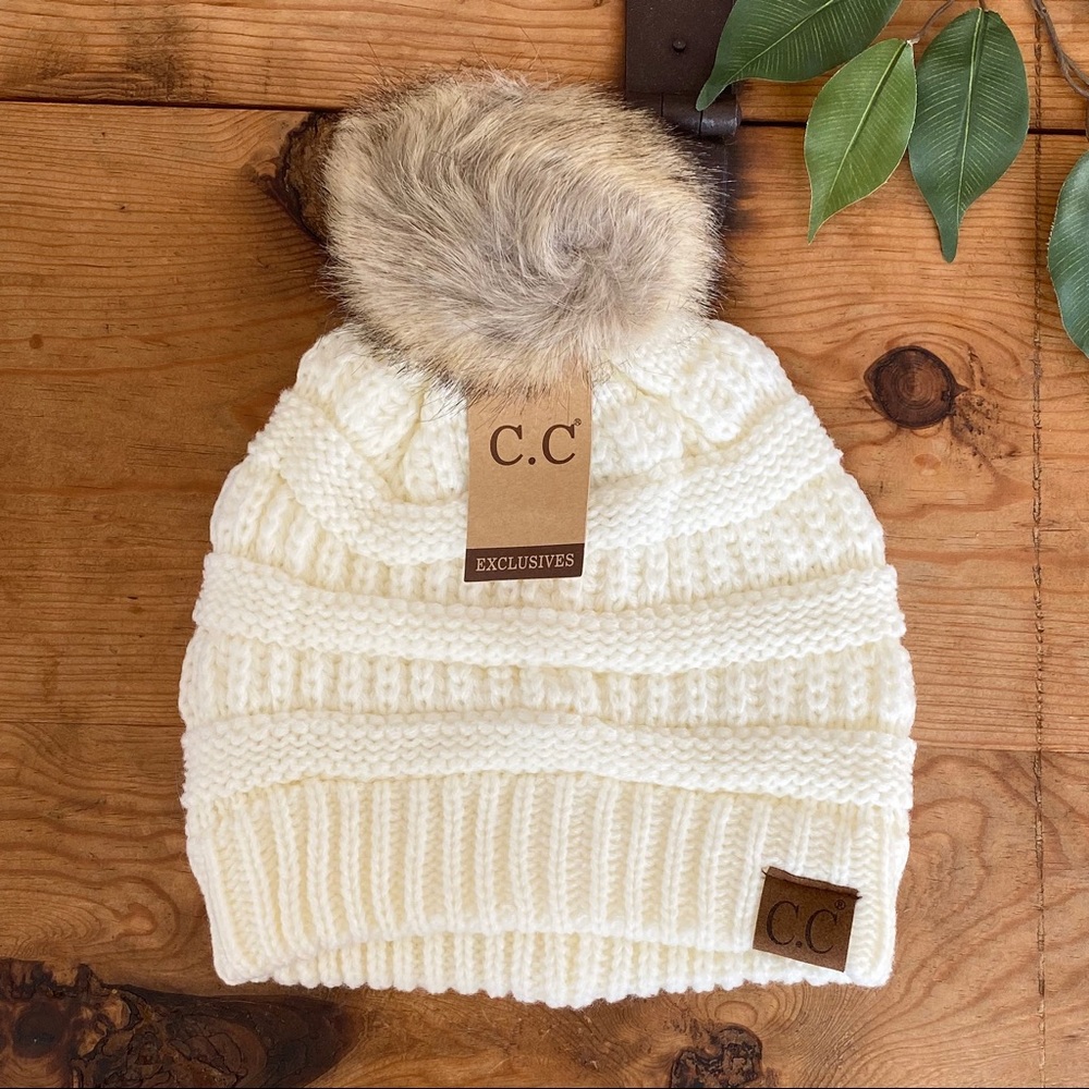 Ivory Faux Fur Pom CC Beanie